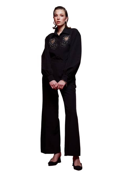 Buy House Of Zeniaa Black Crepe Crystals, Stones Collared Heart On The Sleeves Shirt Online at Aza Fashions Buy_House Of Zeniaa_Black Crepe Crystals, Stones Collared Heart On The Sleeves Shirt_Online_at_Aza_Fashions