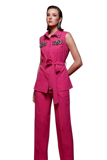 Shop_House Of Zeniaa_Pink Crepe Crystals, Stones Collared Hot Mess Embellished Shirt _Online_at_Aza_Fashions