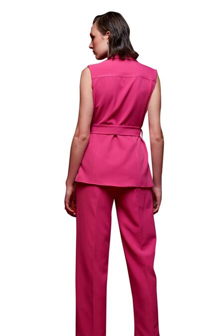 House Of Zeniaa_Pink Crepe Crystals, Stones Collared Hot Mess Embellished Shirt _at_Aza_Fashions