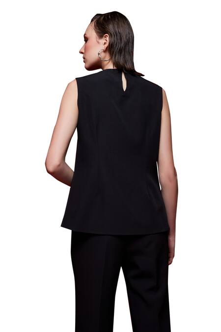 Shop_House Of Zeniaa_Black Crepe Crystals Round Neck Rose Panelled Top_Online_at_Aza_Fashions