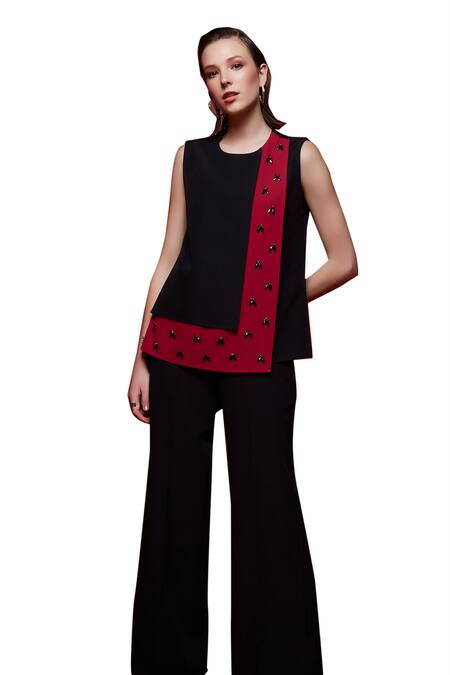 House Of Zeniaa_Black Crepe Crystals Round Neck Rose Panelled Top_at_Aza_Fashions