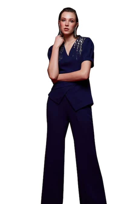 Shop House Of Zeniaa Blue Crepe Crystals, Stones V-neck All You Desire Top Online at Aza Fashions Shop_House Of Zeniaa_Blue Crepe Crystals, Stones V-neck All You Desire Top_Online_at_Aza_Fashions