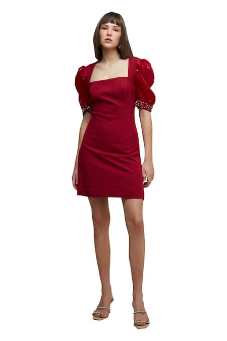 House Of Zeniaa_Red Crepe, Organza Stones Square Neck A Scoop Of Cuteness Dress_at_Aza_Fashions