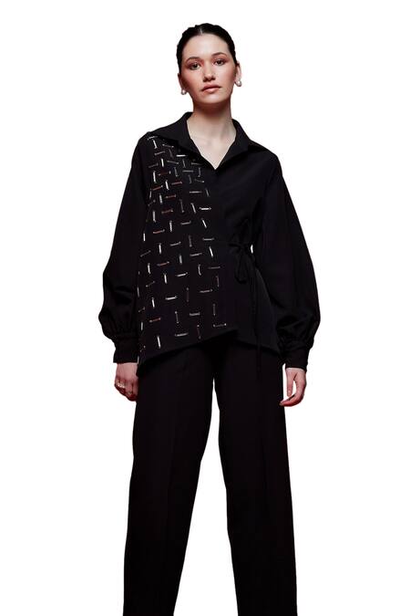 Shop_House Of Zeniaa_Black Crepe Embroidery Collared Wrap It Around Shirt_Online_at_Aza_Fashions