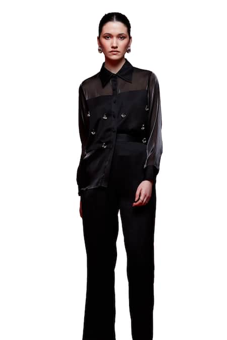 Buy_House Of Zeniaa_Black Satin, Organza Stones Collared Get Along Embellished Shirt_Online_at_Aza_Fashions