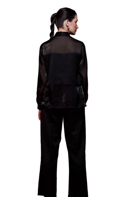 Shop_House Of Zeniaa_Black Satin, Organza Stones Collared Get Along Embellished Shirt_Online_at_Aza_Fashions
