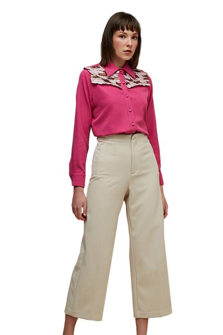 House Of Zeniaa_Pink Crepe Sequins Collared Elle Embellished Shirt_at_Aza_Fashions