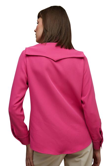 Buy_House Of Zeniaa_Pink Crepe Sequins Collared Elle Embellished Shirt