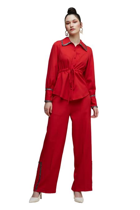 Shop House Of Zeniaa Red Crepe Stones Collared Dear Donna Embellished Top With Pant Online at Aza Fashions Shop_House Of Zeniaa_Red Crepe Stones Collared Dear Donna Embellished Top With Pant_Online_at_Aza_Fashions