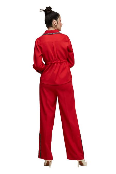 House Of Zeniaa Red Crepe Stones Collared Dear Donna Embellished Top With Pant at Aza Fashions House Of Zeniaa_Red Crepe Stones Collared Dear Donna Embellished Top With Pant_at_Aza_Fashions