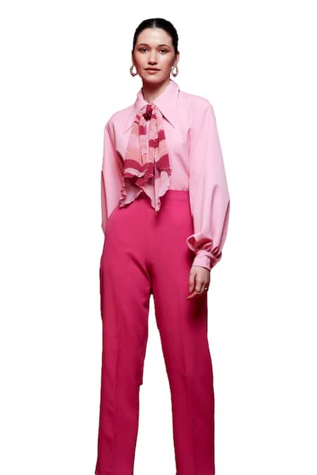 Shop House Of Zeniaa Pink Crepe Collared Abstract Print Puff Sleeve Shirt Online at Aza Fashions Shop_House Of Zeniaa_Pink Crepe Collared Abstract Print Puff Sleeve Shirt_Online_at_Aza_Fashions