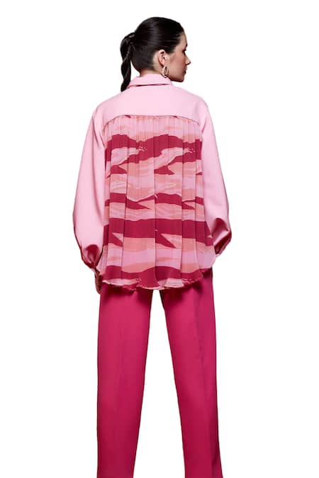 House Of Zeniaa Pink Crepe Collared Abstract Print Puff Sleeve Shirt at Aza Fashions House Of Zeniaa_Pink Crepe Collared Abstract Print Puff Sleeve Shirt_at_Aza_Fashions