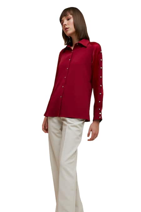 House Of Zeniaa Red Crepe Studs Collared Iris Placement Embellished Shirt at Aza Fashions House Of Zeniaa_Red Crepe Studs Collared Iris Placement Embellished Shirt_at_Aza_Fashions