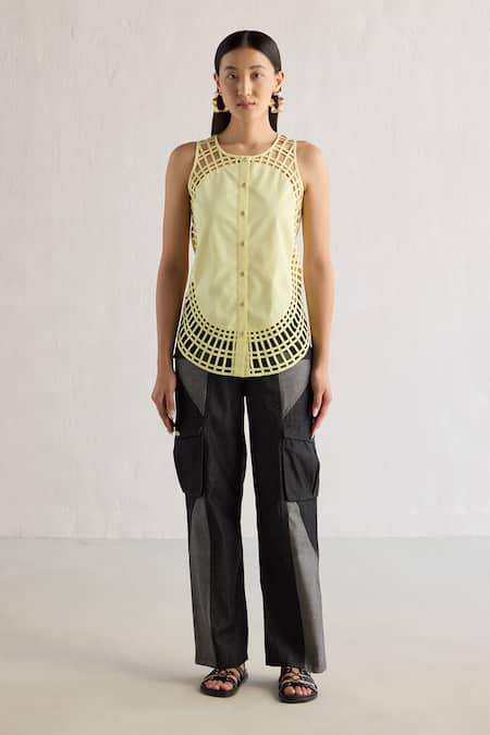 Shop Mellowdrama Yellow Cotton Round Neck Sunray Weave Panelled Top at Aza Fashions Shop_Mellowdrama_Yellow Cotton Round Neck Sunray Weave Panelled Top_at_Aza_Fashions