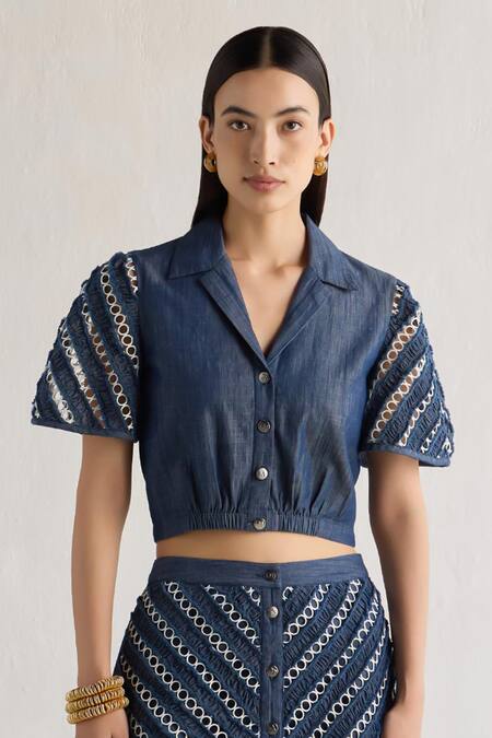 Mellowdrama Blue Cotton Denim Lace Insert Skirt Online at Aza Fashions Mellowdrama_Blue Cotton Denim Lace Insert Skirt_Online_at_Aza_Fashions