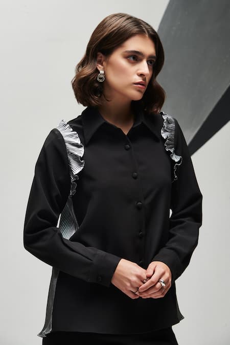 House of Zeniaa Black Luxury Crepe Solid Collar Vanessa Ruffle Shirt 