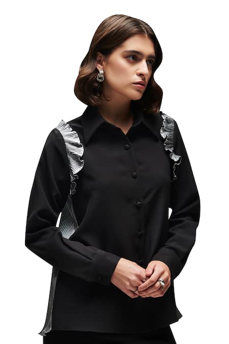 Shop House Of Zeniaa Black Crepe Ruffles Collared Vanessa Shirt Online at Aza Fashions Shop_House Of Zeniaa_Black Crepe Ruffles Collared Vanessa Shirt_Online_at_Aza_Fashions