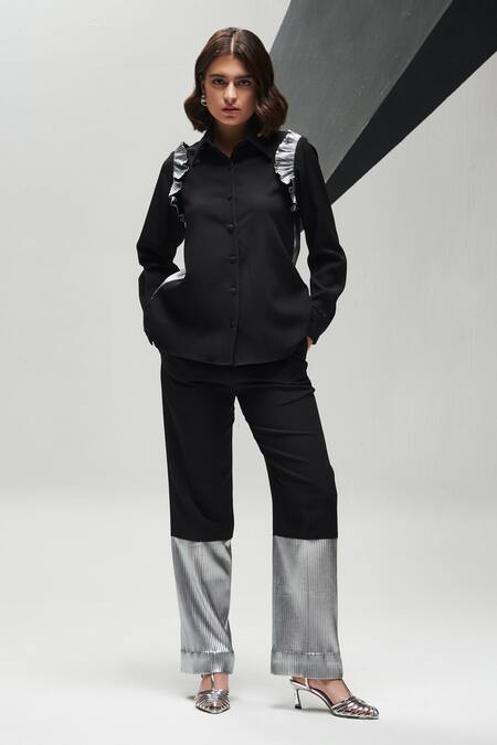 House Of Zeniaa Black Crepe Ruffles Collared Vanessa Shirt at Aza Fashions House Of Zeniaa_Black Crepe Ruffles Collared Vanessa Shirt_at_Aza_Fashions