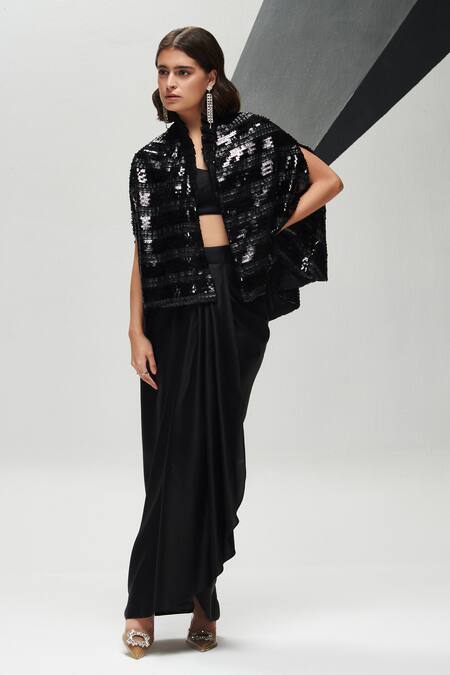 Shop_House Of Zeniaa_Black Night Aura Sequin Embellished Cape_Online_at_Aza_Fashions