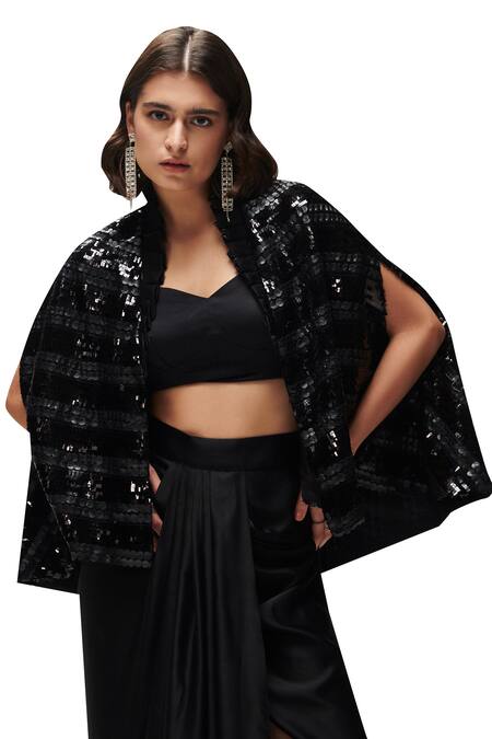 House Of Zeniaa_Black Night Aura Sequin Embellished Cape_at_Aza_Fashions