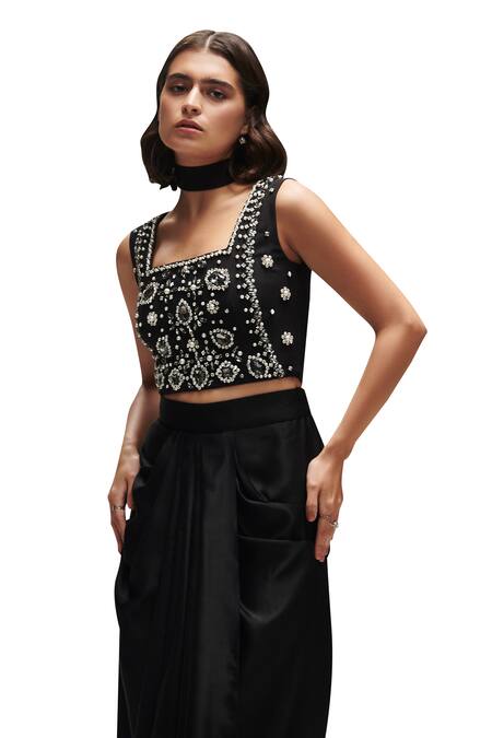 House Of Zeniaa Black Crepe Pearls, Stones Square Neck And Embellished Crop Top at Aza Fashions House Of Zeniaa_Black Crepe Pearls, Stones Square Neck And Embellished Crop Top_at_Aza_Fashions
