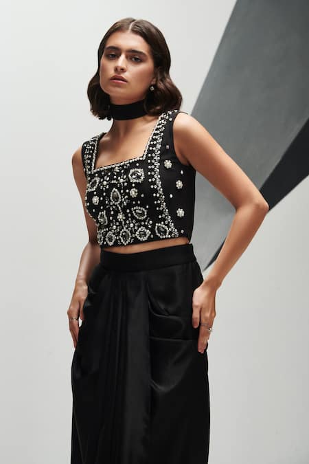 House of Zeniaa Pearl & Stone Embellished Crop Top 