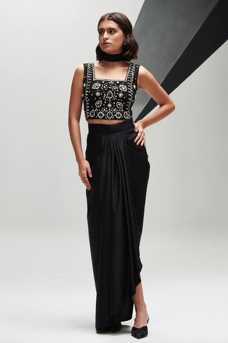 Buy House Of Zeniaa Black Crepe Pearls, Stones Square Neck And Embellished Crop Top Buy_House Of Zeniaa_Black Crepe Pearls, Stones Square Neck And Embellished Crop Top