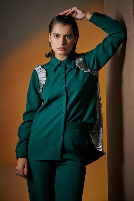 House of Zeniaa Green Luxury Crepe Solid Collar Vanessa Ruffle Pleated Shirt 