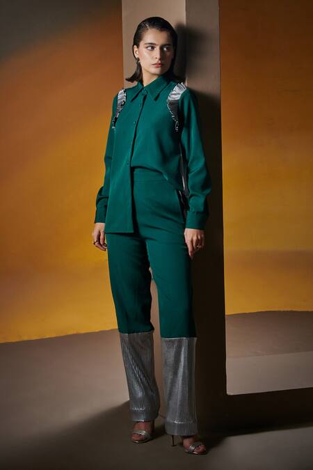 Shop House Of Zeniaa Green Crepe Ruffles Collared Vanessa Pleated Shirt Online at Aza Fashions Shop_House Of Zeniaa_Green Crepe Ruffles Collared Vanessa Pleated Shirt_Online_at_Aza_Fashions