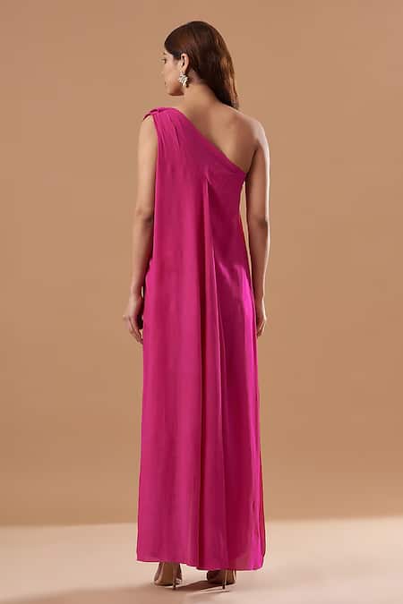 Shop Blue Lotus Design Pink Georgette One Shoulder Draped Jumpsuit at Aza Fashions Shop_Blue Lotus Design_Pink Georgette One Shoulder Draped Jumpsuit _at_Aza_Fashions