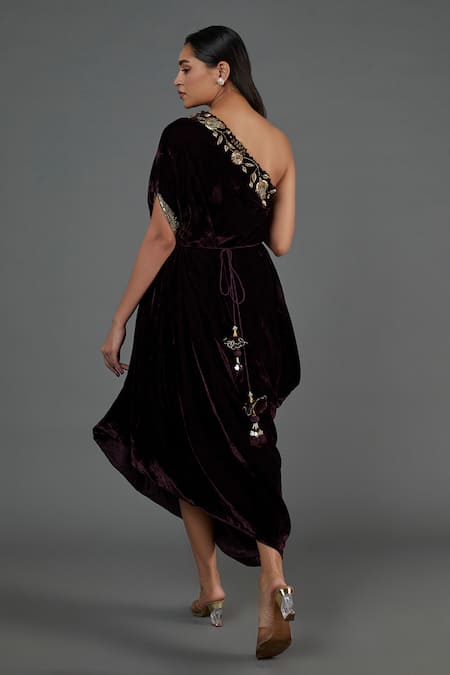 Blue Lotus Design Floral Zari Embroidered One-Shoulder Dress 