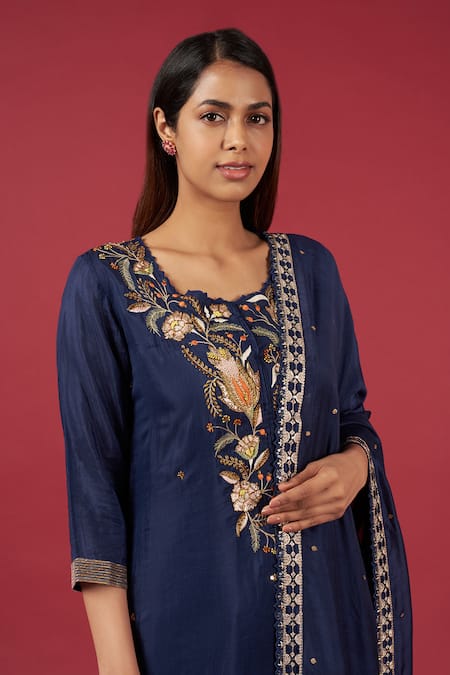 Shop Blue Lotus Design Blue Cotton, Silk Embroidery Round Neck Floral Thread Kurta Pant Set at Aza Fashions Shop_Blue Lotus Design_Blue Cotton, Silk Embroidery Round Neck Floral Thread Kurta Pant Set _at_Aza_Fashions