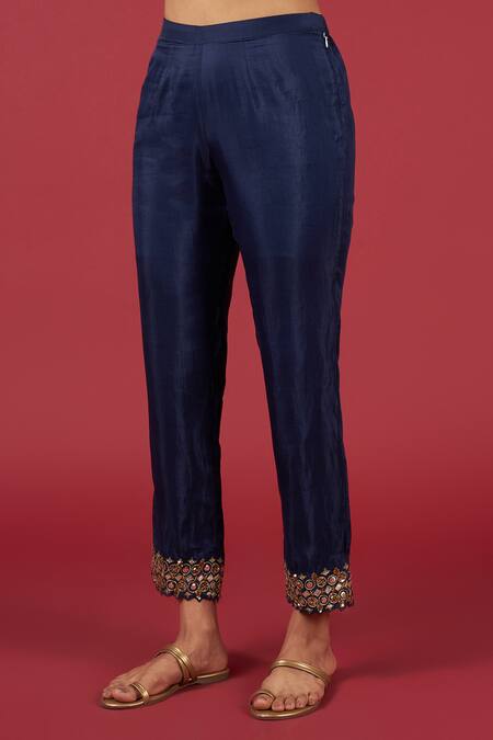 Blue Lotus Design Blue Cotton, Silk Embroidery Round Neck Floral Thread Kurta Pant Set Online at Aza Fashions Blue Lotus Design_Blue Cotton, Silk Embroidery Round Neck Floral Thread Kurta Pant Set _Online_at_Aza_Fashions