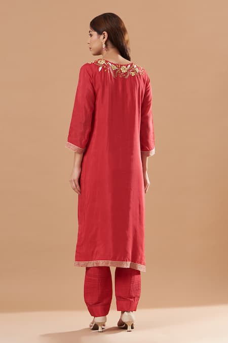 Shop Blue Lotus Design Red Cotton, Silk Embroidery Round Neck Floral Kurta Pant Set at Aza Fashions Shop_Blue Lotus Design_Red Cotton, Silk Embroidery Round Neck Floral Kurta Pant Set _at_Aza_Fashions