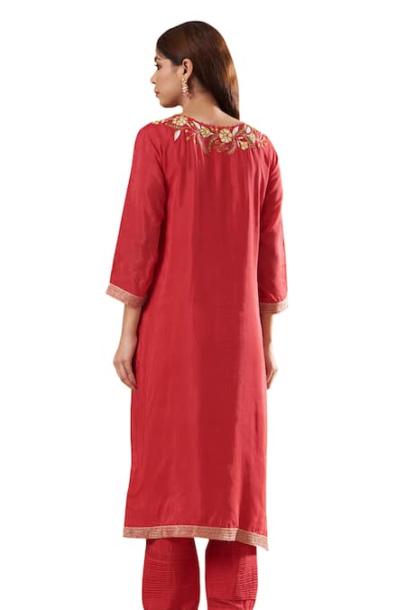 Blue Lotus Design Red Cotton, Silk Embroidery Round Neck Floral Kurta Pant Set Online at Aza Fashions Blue Lotus Design_Red Cotton, Silk Embroidery Round Neck Floral Kurta Pant Set _Online_at_Aza_Fashions