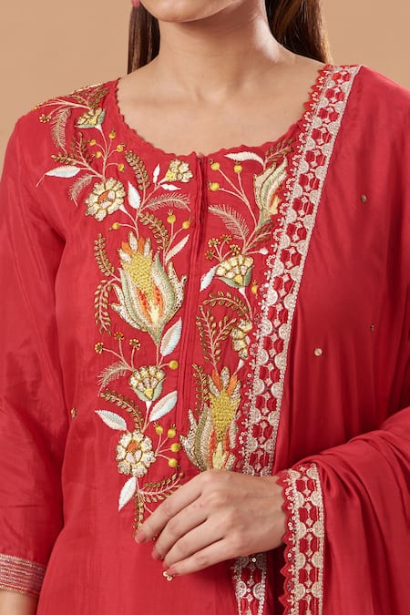 Buy Blue Lotus Design Red Cotton, Silk Embroidery Round Neck Floral Kurta Pant Set Online at Aza Fashions Buy_Blue Lotus Design_Red Cotton, Silk Embroidery Round Neck Floral Kurta Pant Set _Online_at_Aza_Fashions