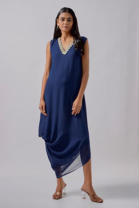 Blue Lotus Design Embroidered Neckline Cowl Dress 