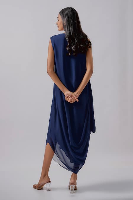 Shop Blue Lotus Design Blue Georgette Embroidery V-neck Neckline Cowl Dress at Aza Fashions Shop_Blue Lotus Design_Blue Georgette Embroidery V-neck Neckline Cowl Dress _at_Aza_Fashions