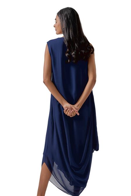 Blue Lotus Design Blue Georgette Embroidery V-neck Neckline Cowl Dress Online at Aza Fashions Blue Lotus Design_Blue Georgette Embroidery V-neck Neckline Cowl Dress _Online_at_Aza_Fashions