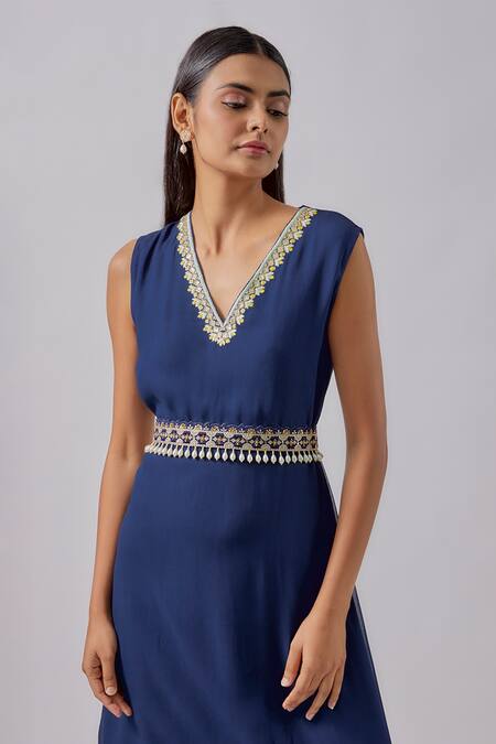 Buy Blue Lotus Design Blue Georgette Embroidery V-neck Neckline Cowl Dress Online at Aza Fashions Buy_Blue Lotus Design_Blue Georgette Embroidery V-neck Neckline Cowl Dress _Online_at_Aza_Fashions