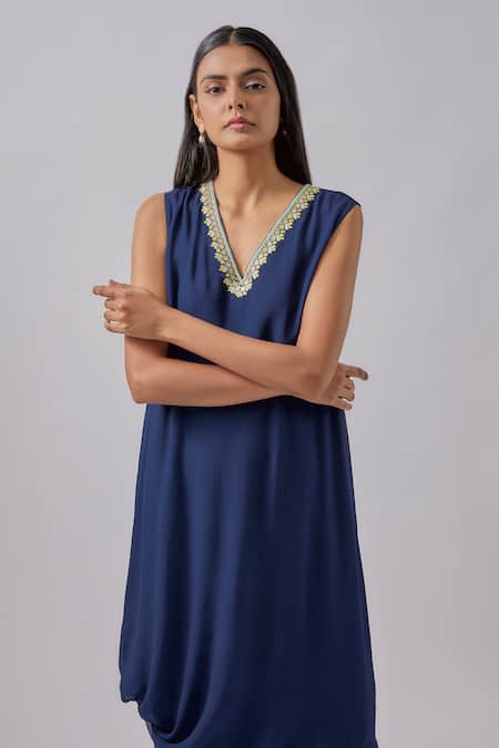 Shop Blue Lotus Design Blue Georgette Embroidery V-neck Neckline Cowl Dress Online at Aza Fashions Shop_Blue Lotus Design_Blue Georgette Embroidery V-neck Neckline Cowl Dress _Online_at_Aza_Fashions