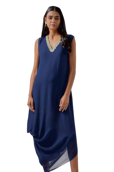 Blue Lotus Design Blue Georgette Embroidery V-neck Neckline Cowl Dress at Aza Fashions Blue Lotus Design_Blue Georgette Embroidery V-neck Neckline Cowl Dress _at_Aza_Fashions