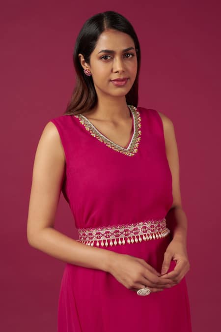 Blue Lotus Design Pink Georgette Embroidery V-neck Neckline Cowl Dress Online at Aza Fashions Blue Lotus Design_Pink Georgette Embroidery V-neck Neckline Cowl Dress _Online_at_Aza_Fashions