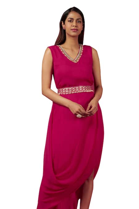 Buy Blue Lotus Design Pink Georgette Embroidery V-neck Neckline Cowl Dress Online at Aza Fashions Buy_Blue Lotus Design_Pink Georgette Embroidery V-neck Neckline Cowl Dress _Online_at_Aza_Fashions