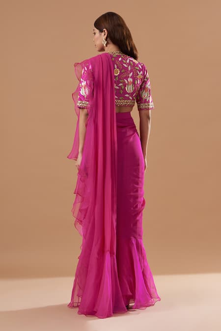 Shop Blue Lotus Design Pink Organza, Georgette Embroidery V-neck Ruffle Pre-draped Saree With Blouse at Aza Fashions Shop_Blue Lotus Design_Pink Organza, Georgette Embroidery V-neck Ruffle Pre-draped Saree With Blouse _at_Aza_Fashions