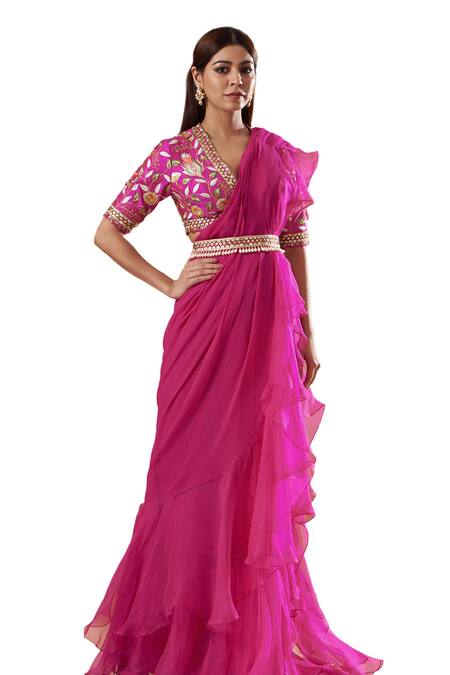 Blue Lotus Design Pink Organza, Georgette Embroidery V-neck Ruffle Pre-draped Saree With Blouse Online at Aza Fashions Blue Lotus Design_Pink Organza, Georgette Embroidery V-neck Ruffle Pre-draped Saree With Blouse _Online_at_Aza_Fashions