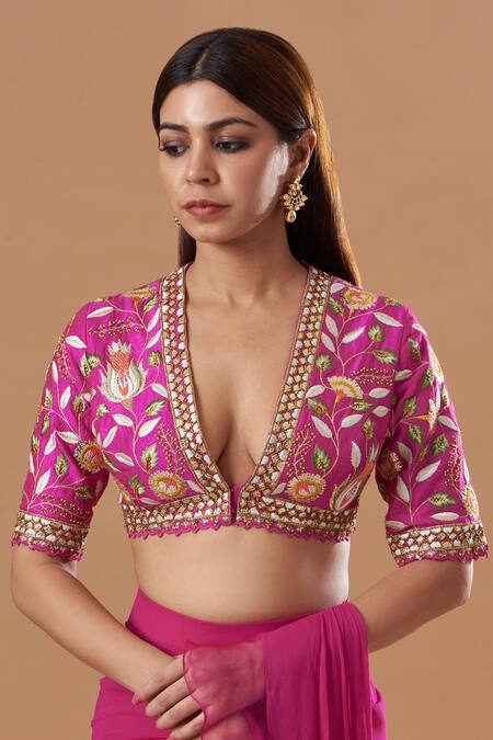 Buy Blue Lotus Design Pink Organza, Georgette Embroidery V-neck Ruffle Pre-draped Saree With Blouse Online at Aza Fashions Buy_Blue Lotus Design_Pink Organza, Georgette Embroidery V-neck Ruffle Pre-draped Saree With Blouse _Online_at_Aza_Fashions