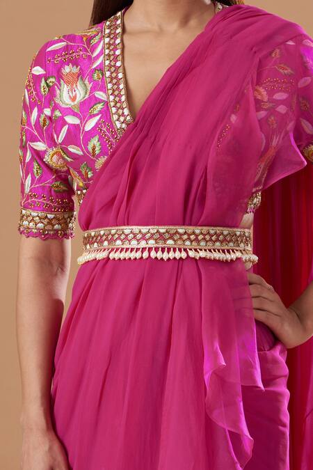 Shop Blue Lotus Design Pink Organza, Georgette Embroidery V-neck Ruffle Pre-draped Saree With Blouse Online at Aza Fashions Shop_Blue Lotus Design_Pink Organza, Georgette Embroidery V-neck Ruffle Pre-draped Saree With Blouse _Online_at_Aza_Fashions