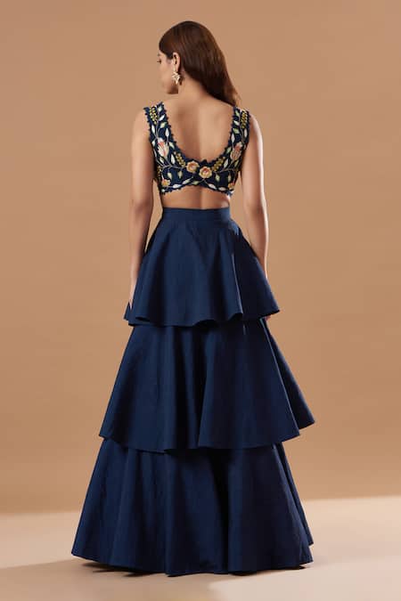Blue Lotus Design Embroidered Blouse & Lehenga Set 