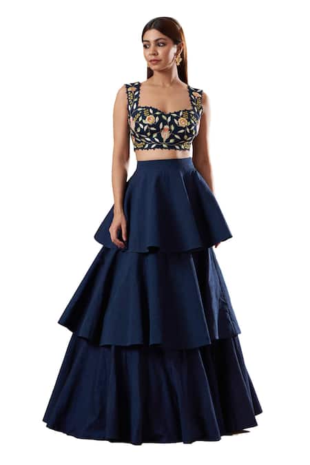 Buy Blue Lotus Design Blue Silk Embroidery Sweetheart Neck Blouse And Lehenga Set Online at Aza Fashions Buy_Blue Lotus Design_Blue Silk Embroidery Sweetheart Neck Blouse And Lehenga Set _Online_at_Aza_Fashions